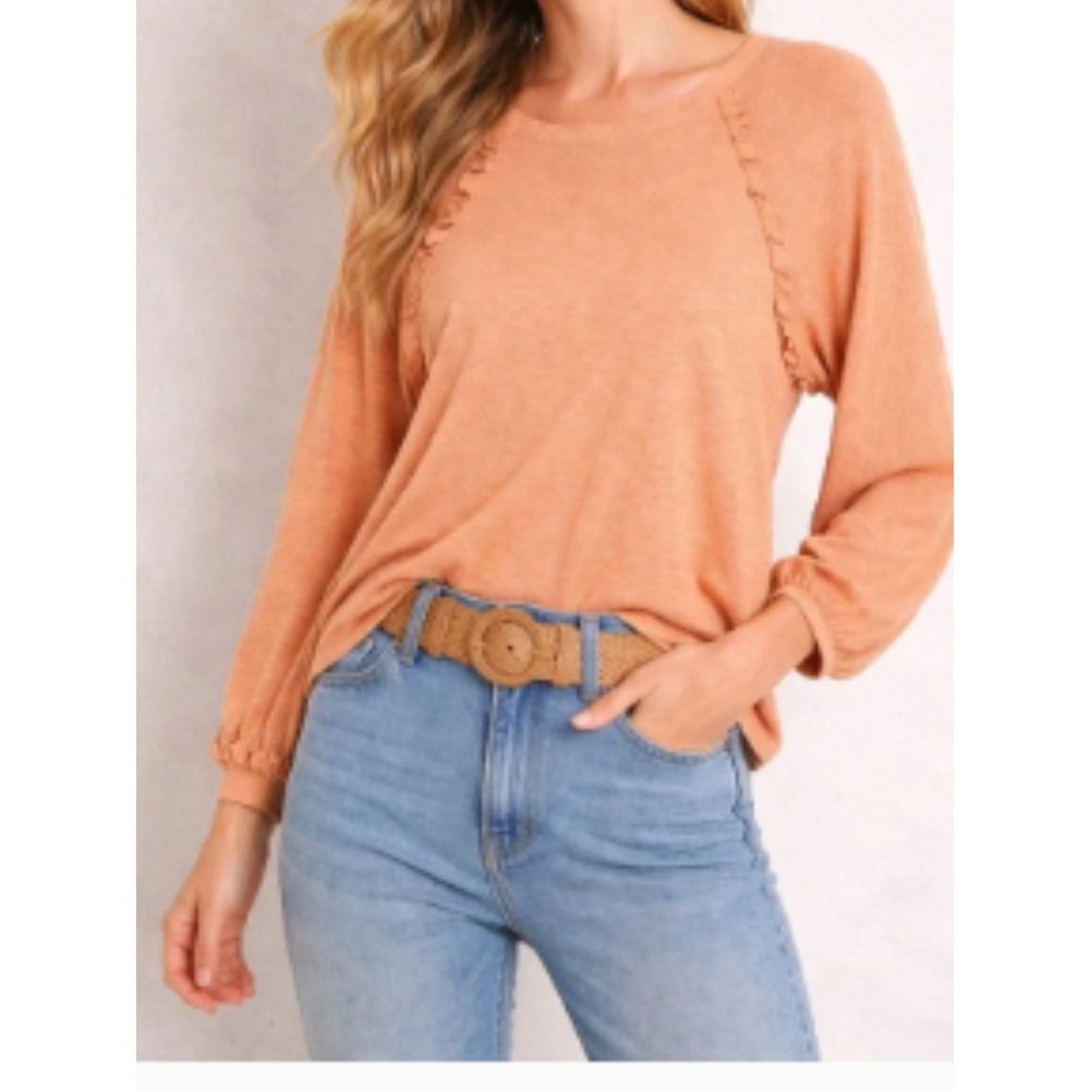 Pilcro Ruffle Knit Thermal Top XS Orange Long Sleeve Relaxed Fit Peasant Boho